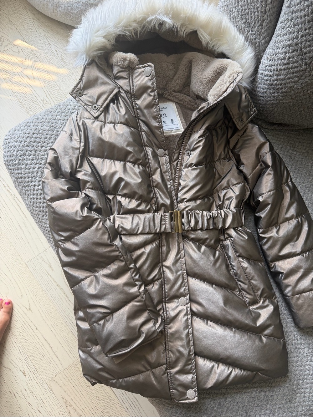 abercrombie kids Metallic Taupe Hooded Puffer Coat with Faux Fur Trim size11/12
